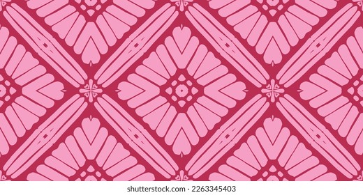 Abstraktes Kaleidoskop-Muster. Schuhbekleidung Design. Keramikflorenteile. Vektornahtloses Bildschirmhintergrund. Magenta Böhmische Ethnische Printmedien. rosafarbene künstlerische optische Wiederholung. Dekorative Ethnische Boho Print.