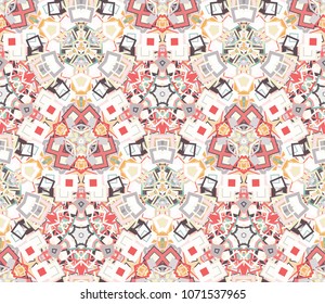 Kaleidoscope abstract seamless pattern, background. Composed of colored geometric shapes. Useful as design element for texture and artistic compositions.