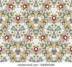 Kaleidoscope abstract seamless pattern, background. Composed of colored geometric shapes. Useful as design element for texture and artistic compositions.