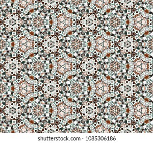 Kaleidoscope abstract seamless pattern, background. Composed of colored geometric shapes. Useful as design element for texture and artistic compositions.