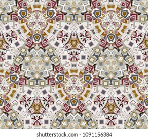 Kaleidoscope abstract seamless pattern, background. Composed of colored geometric shapes. Useful as design element for texture and artistic compositions.