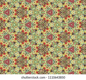 Kaleidoscope abstract seamless pattern, background. Composed of multicolored geometric shapes. Useful as design element for texture and artistic compositions.
