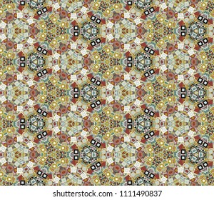Kaleidoscope abstract seamless pattern, background. Composed of multicolored geometric shapes. Useful as design element for texture and artistic compositions.