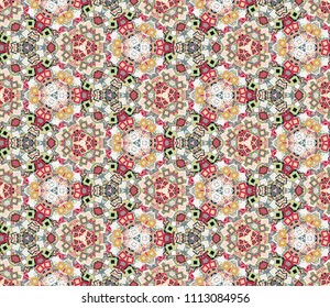 Kaleidoscope abstract seamless pattern, background. Composed of multicolored geometric shapes. Useful as design element for texture and artistic compositions.