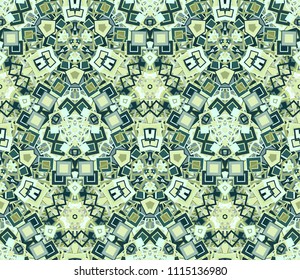 Kaleidoscope abstract seamless pattern, background. Composed of geometric shapes in green. Useful as design element for texture and artistic compositions.
