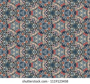 Kaleidoscope abstract seamless pattern, background. Composed of multicolored geometric shapes. Useful as design element for texture and artistic compositions.
