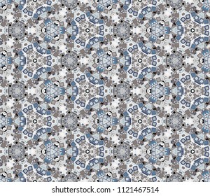 Kaleidoscope abstract seamless pattern, background. Composed of multicolored geometric shapes. Useful as design element for texture and artistic compositions.