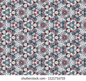 Kaleidoscope abstract seamless pattern, background. Composed of multicolored geometric shapes. Useful as design element for texture and artistic compositions.