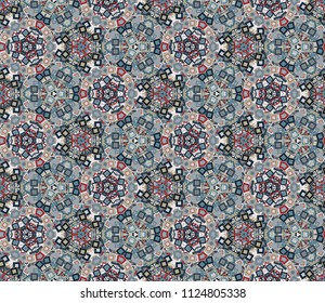 Kaleidoscope abstract seamless pattern, background. Composed of multicolored geometric shapes. Useful as design element for texture and artistic compositions.