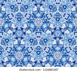 Kaleidoscope abstract seamless pattern, background. Composed of geometric shapes in blue. Useful as design element for texture and artistic compositions.