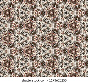 Kaleidoscope abstract seamless pattern, background. Composed of colored geometric shapes. Useful as design element for texture and artistic compositions.