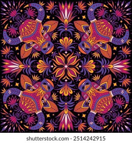 kaleidoscope animal indian gaur artistic tile repeat illustration background wallpaper seamless pattern repeat print textile fabric vector artwork