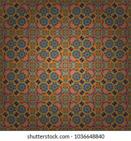 Kaleidoscope backdrop. Vector seamless pattern with different geometrical shapes in blue, yellow and orange colors. Illustration with symmetrical design.