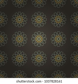 Kaleidoscope backdrop. Vector seamless pattern with different geometrical shapes in green, brown and gray colors. Illustration with symmetrical design.