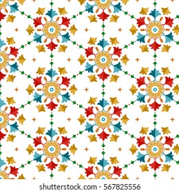 Kaleidoscope background. Beautiful multi color kaleidoscope texture. Seamless pattern of Islamic floral ornament with tulip flowers and palms. Decorative colorful trellis print. Vector Illustration.