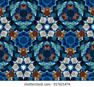 Kaleidoscope background. Seamless pattern composed of color abstract elements located on white background. Useful as design element for texture, pattern and artistic compositions. Vector illustration.