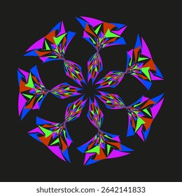 Kaleidoscope blossom pattern. Rainbow petal wheel. Abstract vector mandala. Black background contrast.