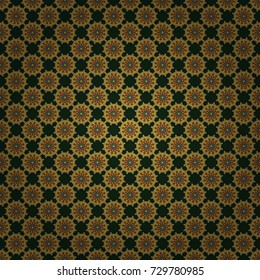 Kaleidoscope elements. Seamless motley pattern with oriental mandalas in yellow, brown and gray colors. Vector hippie mandala. Fabric, wallpaper or wrap print.