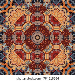 Kaleidoscope elements. Seamless motley pattern with oriental mandalas in brown, gray and orange colors. Vector hippie mandala. Fabric, wallpaper or wrap print.
