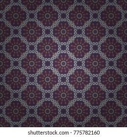 Kaleidoscope elements. Vector hippie mandala. Fabric, wallpaper or wrap print. Seamless motley pattern with oriental mandalas in gray, white and violet colors.