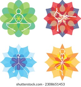 kaleidoscope flower design with variable opacity petals and Yoga character pose overlaid