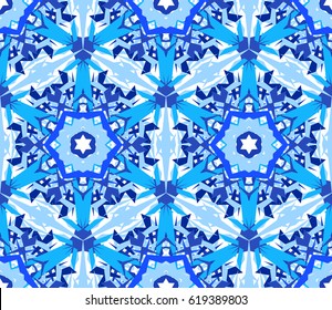 Kaleidoscope Flower Pattern. Seamless blue background. Mandala geometric graphic print. Psychedelic design element for wallpaper, scrapbooking, fabric. Vector illustration