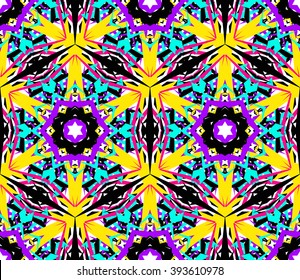 Kaleidoscope Flower Pattern. Vibrant mandala geometric background. Fashionable graphic print. Fractal star flowers. Neon colors, psychedelic design. Colorful geometric ornament. Vector background.