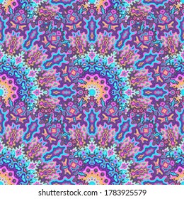 Kaleidoscope flower seamless ornament. Tribal folk vector graphic design. Tangle traditional mandala geometric seamless pattern. Summer swimwear print.