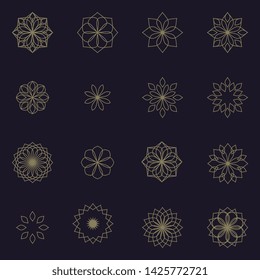 Kaleidoscope flowers collection abstract geometrical floral elements set. Small golden mandala isolated motive geometric line shape floret design. Modern decoration beauty fashion round logo template.