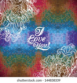 Kaleidoscope geometric dark pattern. Abstract modern love vector background. Greeting card