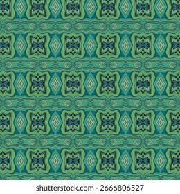 Kaleidoscope geometric green pattern with bold shapes, abstract art background, decorative seamless texture for vintage fashion, retro and interiors.