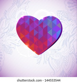 Kaleidoscope geometric pattern. Abstract modern love vector background. Greeting heart shape card. Triangle and a floral pattern. reflections of light on a heart shape