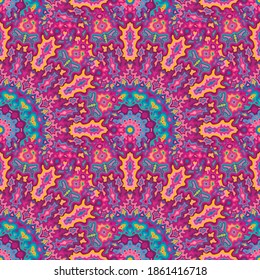 Kaleidoscope geometric seamless ornament. Hindu folk vector graphic design. Tangle elegant peacock floral seamless pattern. Scarf fashion print.
