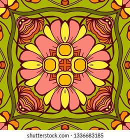 Kaleidoscope geometric seamless pattern with mandalas elements. Abstract vintage ethnic pattern.  Mosaic ornamental vector background. eps10