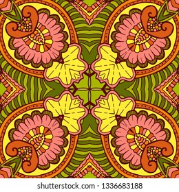 Kaleidoscope geometric seamless pattern with mandalas elements. Abstract vintage ethnic pattern.  Mosaic ornamental vector background. eps10