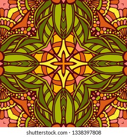 Kaleidoscope geometric seamless pattern with mandalas elements. Abstract vintage ethnic pattern.  Mosaic ornamental vector background. eps10