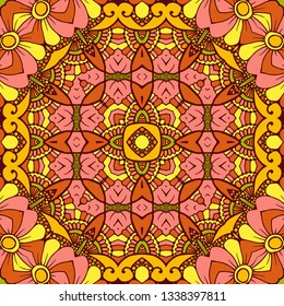 Kaleidoscope geometric seamless pattern with mandalas elements. Abstract vintage ethnic pattern.  Mosaic ornamental vector background. eps10