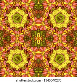 Kaleidoscope geometric seamless pattern with mandalas elements. Abstract vintage ethnic pattern.  Mosaic ornamental vector background. eps10