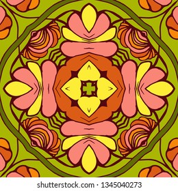 Kaleidoscope geometric seamless pattern with mandalas elements. Abstract vintage ethnic pattern.  Mosaic ornamental vector background. eps10