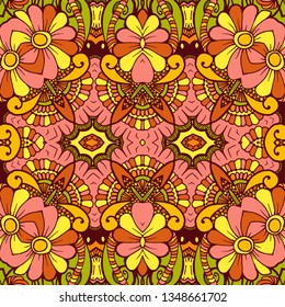 Kaleidoscope geometric seamless pattern with mandalas elements. Abstract vintage ethnic pattern.  Mosaic ornamental vector background. eps10