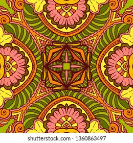 Kaleidoscope geometric seamless pattern with mandalas elements. Abstract vintage ethnic pattern.  Mosaic ornamental vector background. eps10