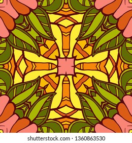 Kaleidoscope geometric seamless pattern with mandalas elements. Abstract vintage ethnic pattern.  Mosaic ornamental vector background. eps10