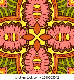 Kaleidoscope geometric seamless pattern with mandalas elements. Abstract vintage ethnic pattern.  Mosaic ornamental vector background. eps10