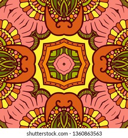 Kaleidoscope geometric seamless pattern with mandalas elements. Abstract vintage ethnic pattern.  Mosaic ornamental vector background. eps10