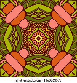 Kaleidoscope geometric seamless pattern with mandalas elements. Abstract vintage ethnic pattern.  Mosaic ornamental vector background. eps10