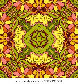 Kaleidoscope geometric seamless pattern with mandalas elements. Abstract vintage ethnic pattern.  Mosaic ornamental vector background. eps10