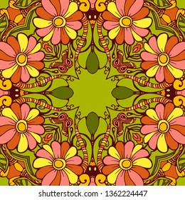 Kaleidoscope geometric seamless pattern with mandalas elements. Abstract vintage ethnic pattern.  Mosaic ornamental vector background. eps10