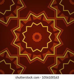 Kaleidoscope geometric style in yellow, red and orange colors. Stylized vector ornament. Beautiful abstract seamless pattern. Texture with flowers for use in textile design or wrapping paper.