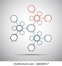 Kaleidoscope of hexagonal compounds. Gradient red-green. Vector graphics