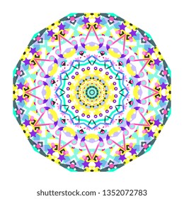 Kaleidoscope isolated. Optical illusion. Hypnotic, psychedelic. Vector artwork. Multicolor. Blue, pink, white, purple, green, yellow, black, red colors. Banner, wallpaper, print. Boho, bohemian poster
